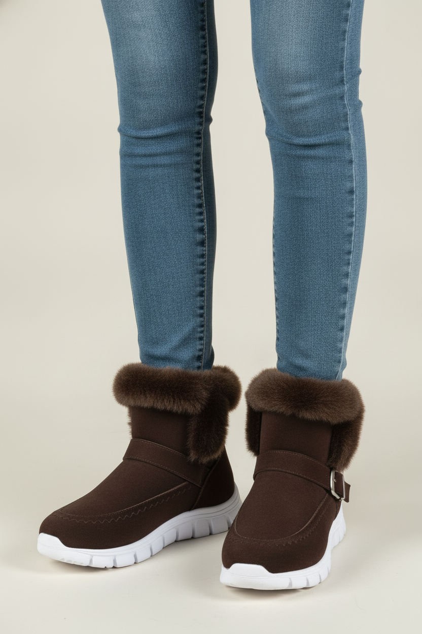 Gevoerde Snowboots Dames met Gesp – Imitatiebont Kraag — Saga – Bruin – vooraanzicht