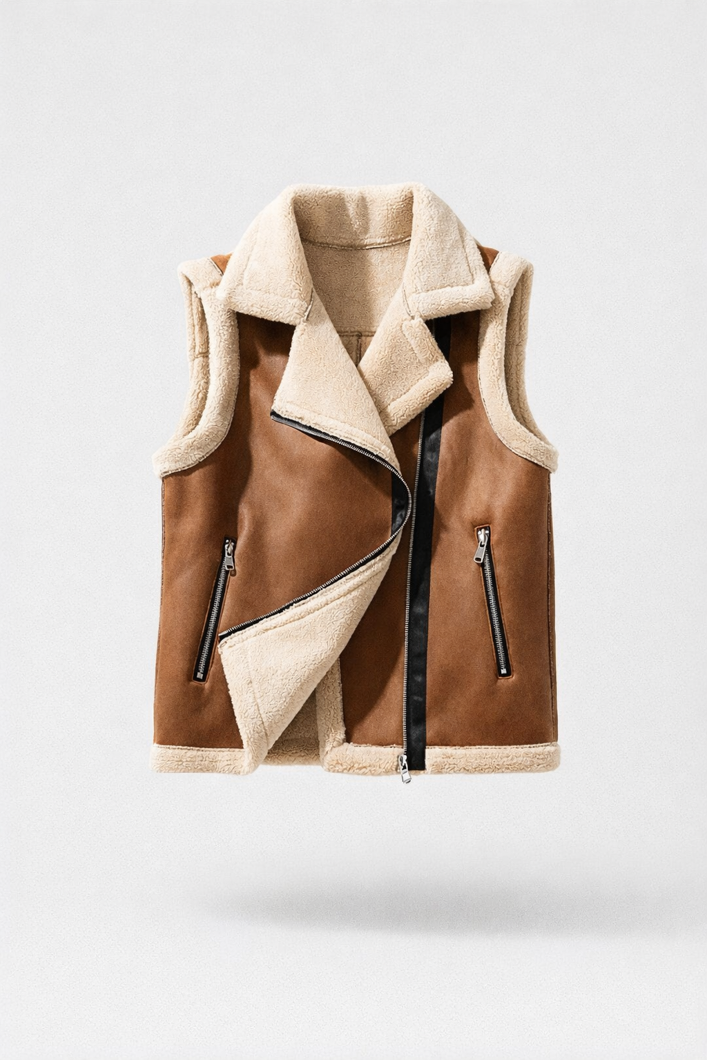 Mouwloos Biker Gilet met Teddyvoering — Isa – Bruin – productfoto zonder model