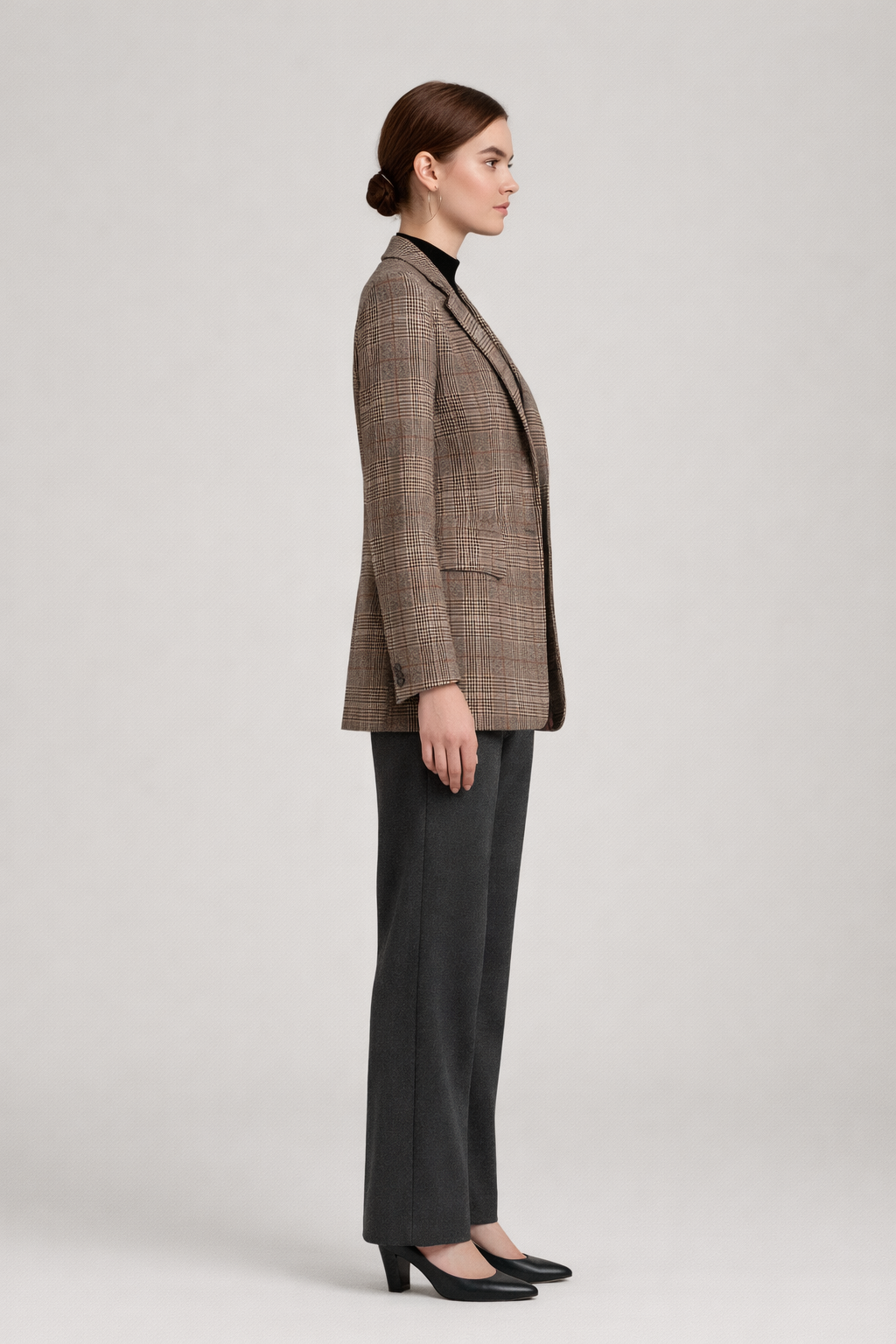 Lange Geruite Blazer met Revers — Vittoria – Bruin – zijaanzicht