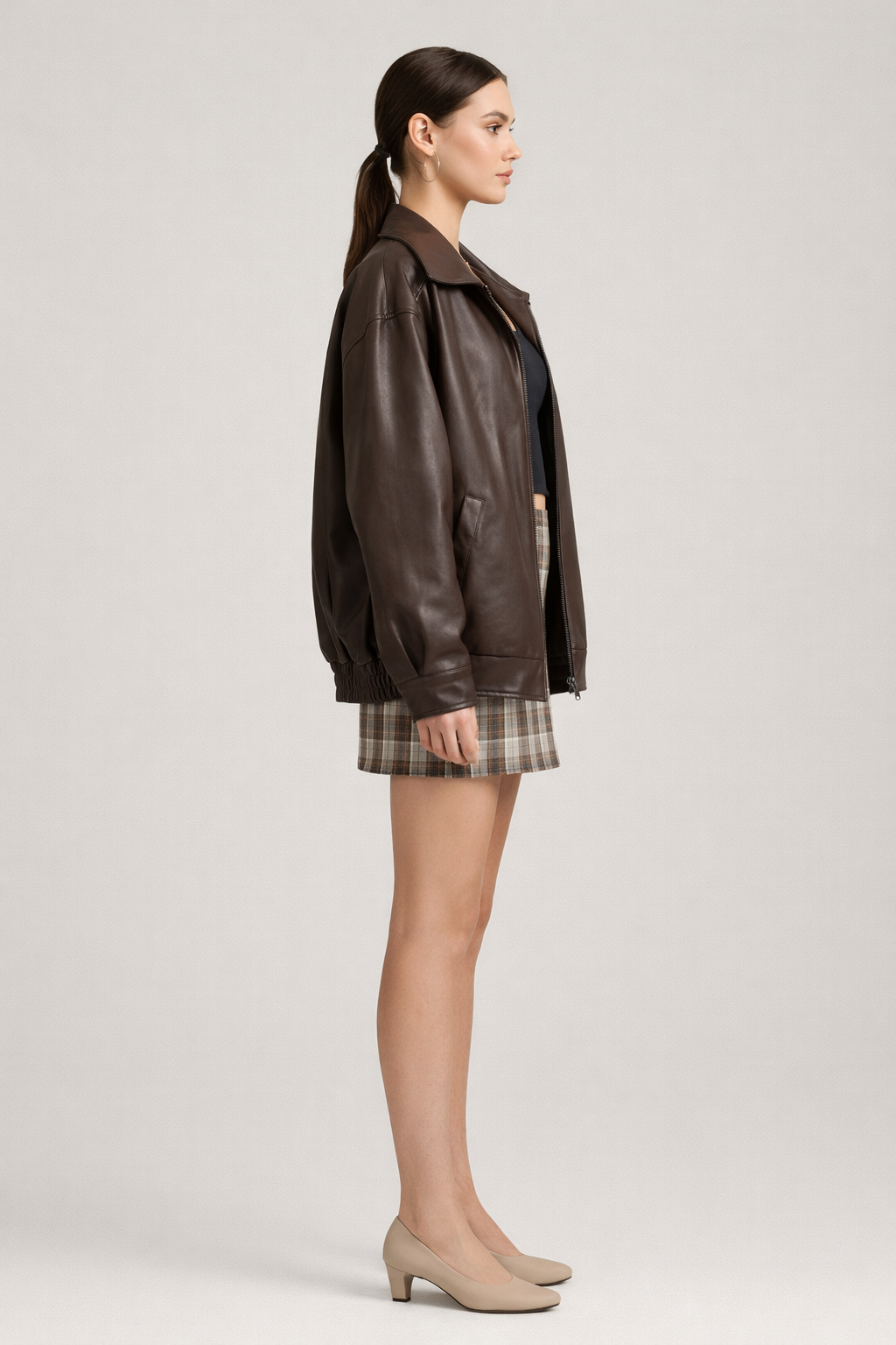 Oversized Bomber met Leerlook en Rits — Marisol – Bruin – zijaanzicht