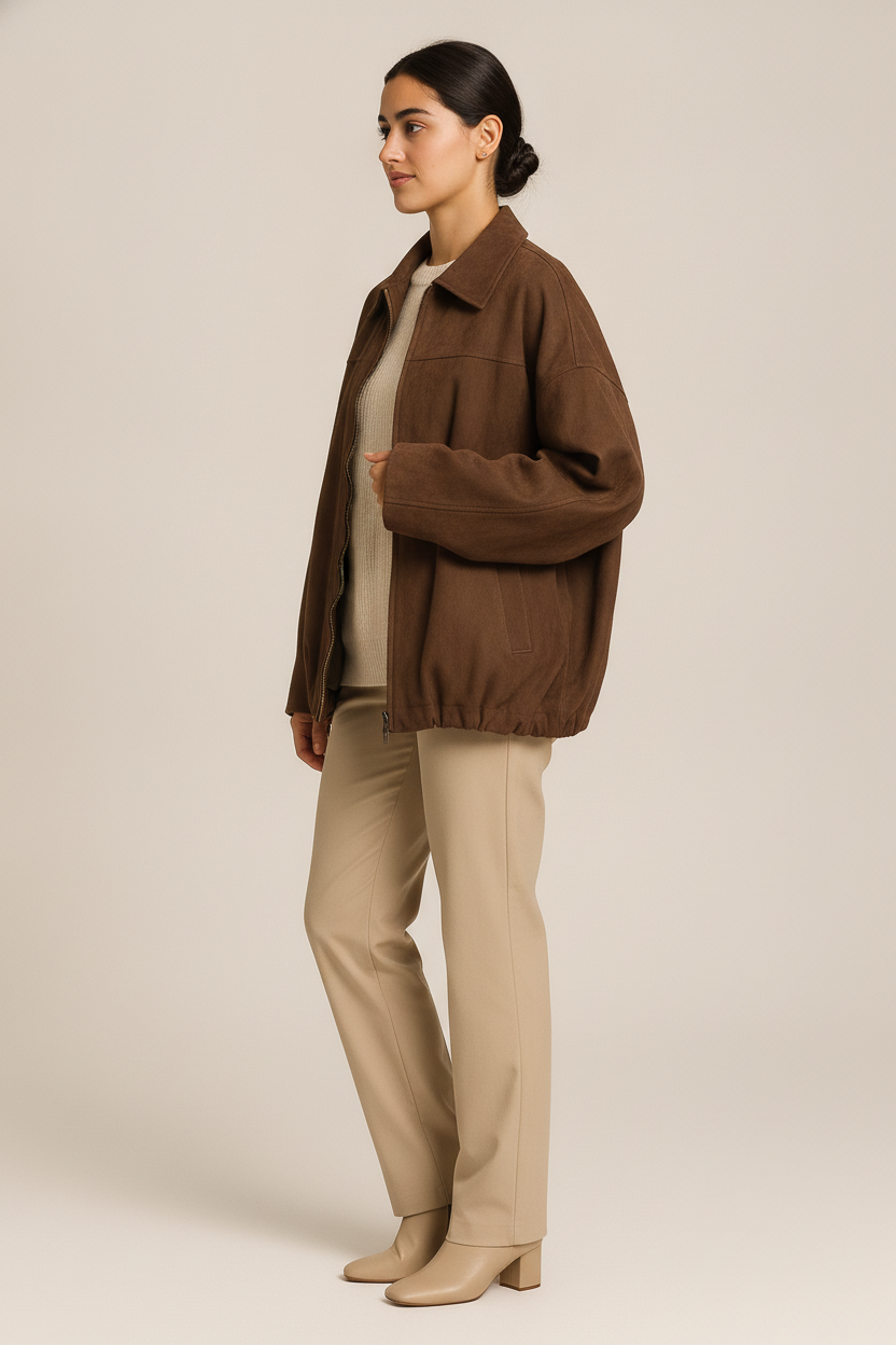 Oversized Suedelook Jas — Zarina – Bruin – zijaanzicht