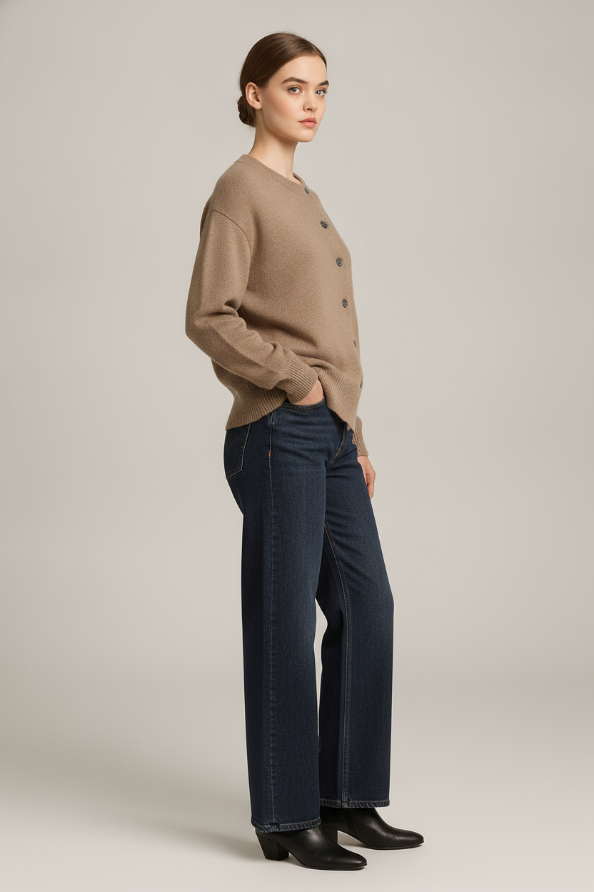Gebreid Vest Dames met Schuine Knoopsluiting – Losse Cardigan — Estela – Bruin – zijaanzicht