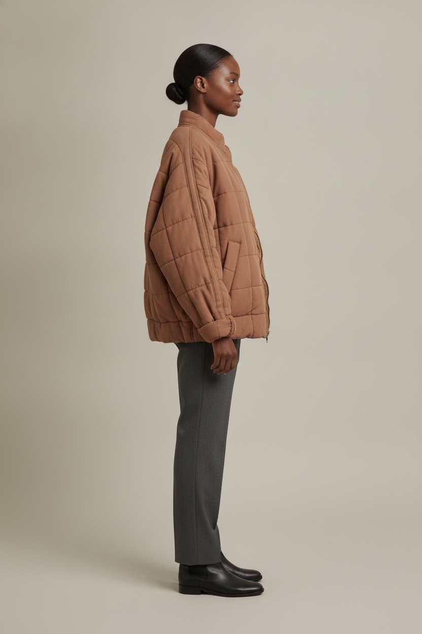 Oversized Gewatteerd Bomberjack — Amara – Bruin – zijaanzicht
