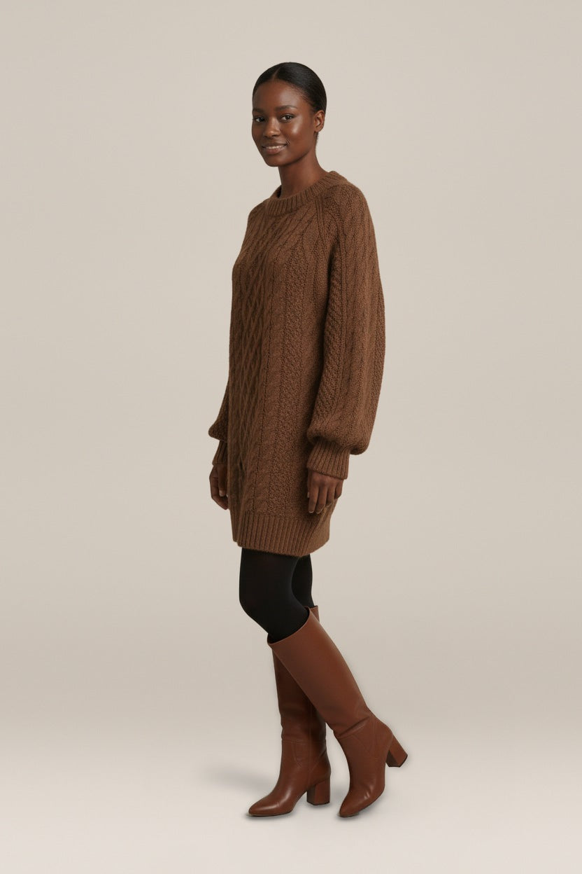 Oversized Truijurk Dames met Kabelpatroon – Ballonmouwen — Oriel – Bruin – zijaanzicht