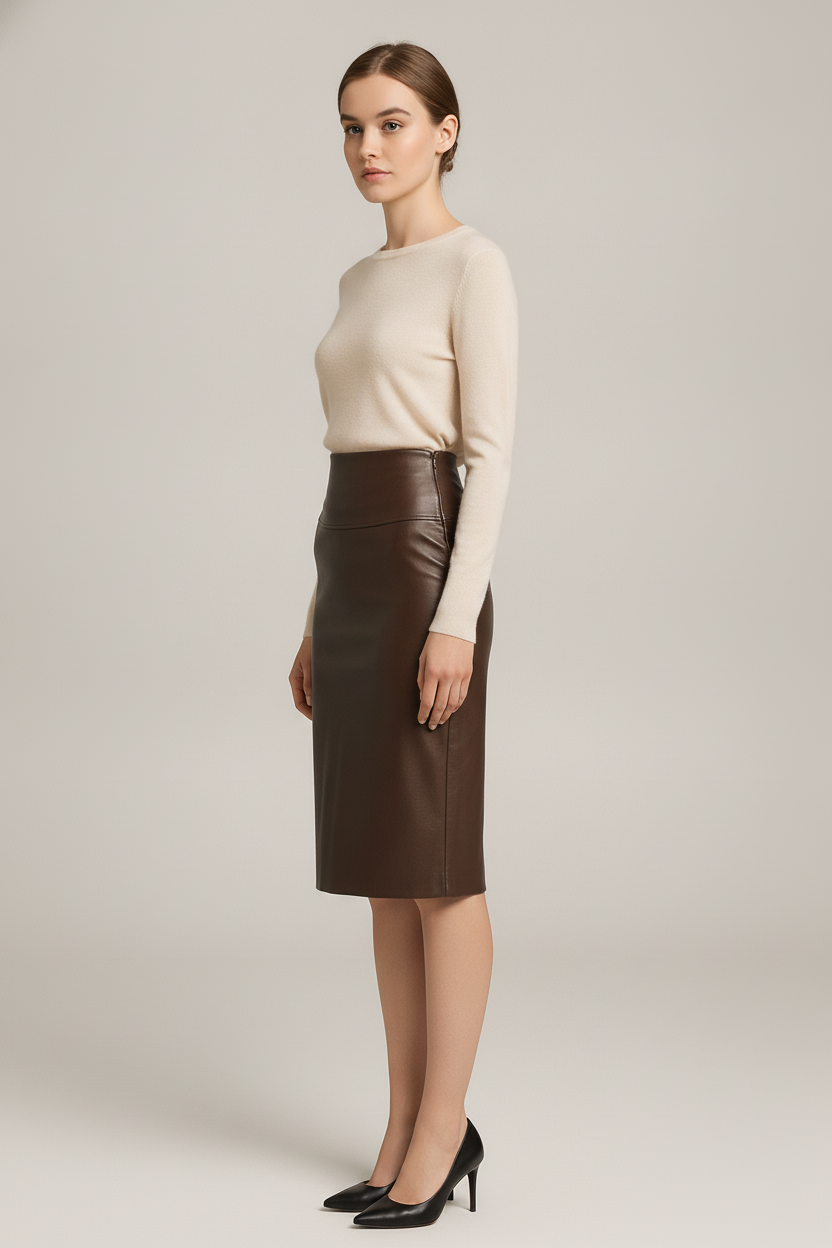 Kokerrok Dames in Leerlook – Midi Lengte met Hoge Taille — Avelina – Bruin – zijaanzicht