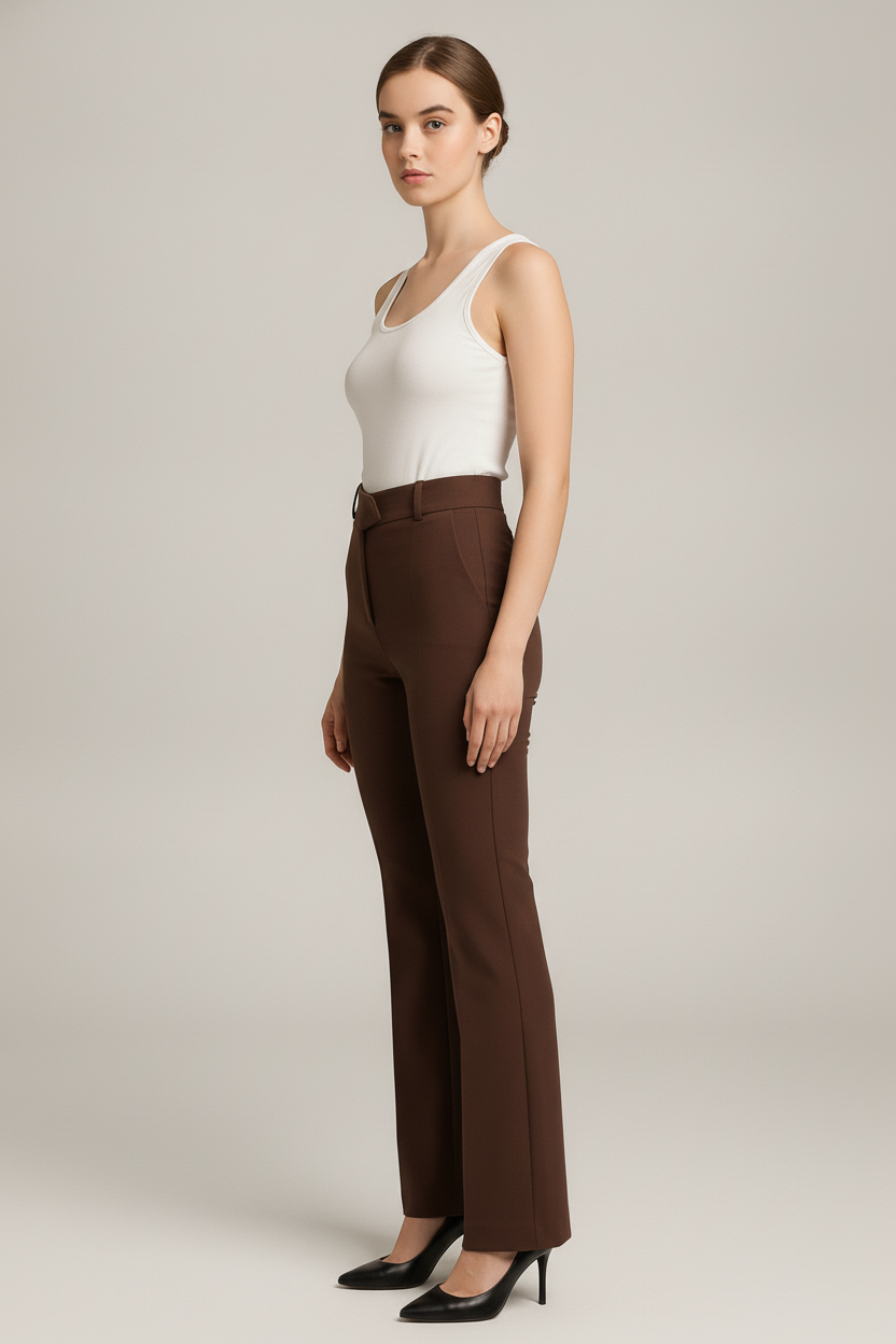 Pantalon Dames met Hoge Taille – Rechte Pijp met Gesp — Isaline – Bruin – zijaanzicht