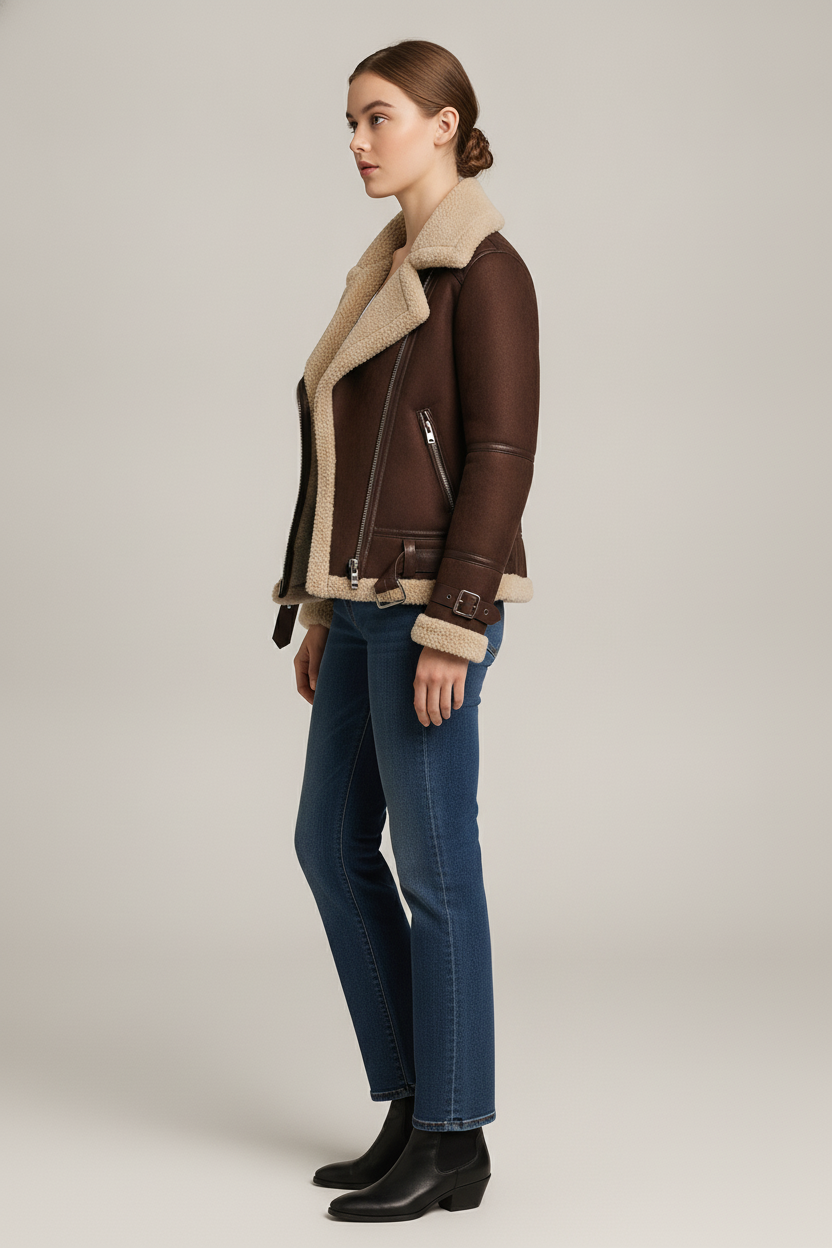 Aviator Jas Dames met Imitatiebont Kraag – Suèdelook — Astrid – Bruin – zijaanzicht