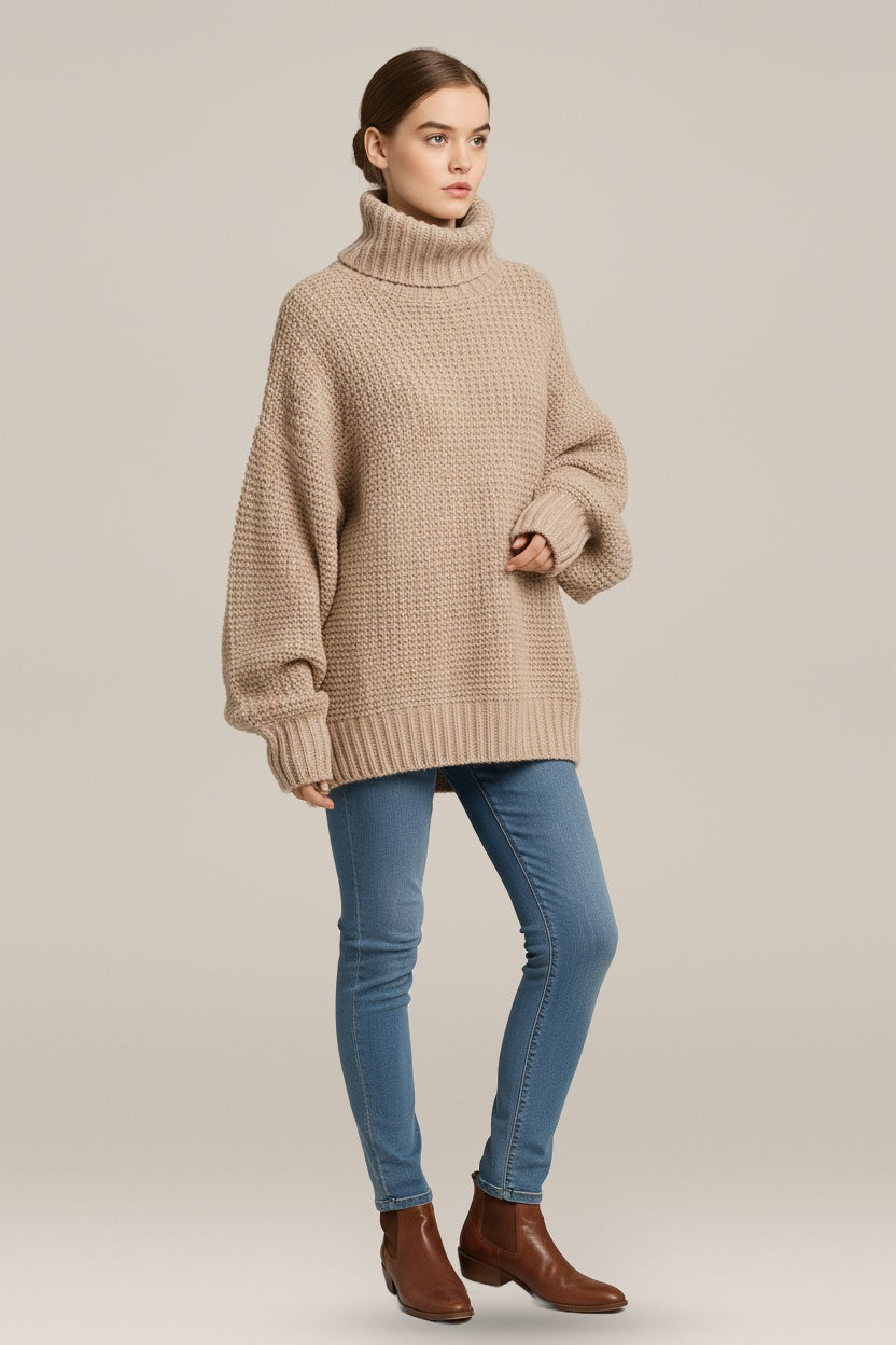 Grofgebreide Coltrui Dames – Korte Oversized Trui — Brynja in Beige – vooraanzicht