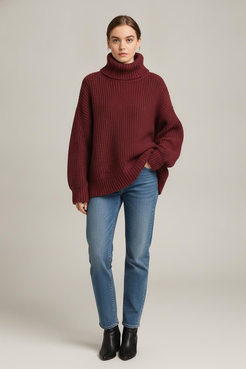 Grofgebreide Coltrui Dames – Oversized Wintertrui — Salome – Bordeaux – vooraanzicht