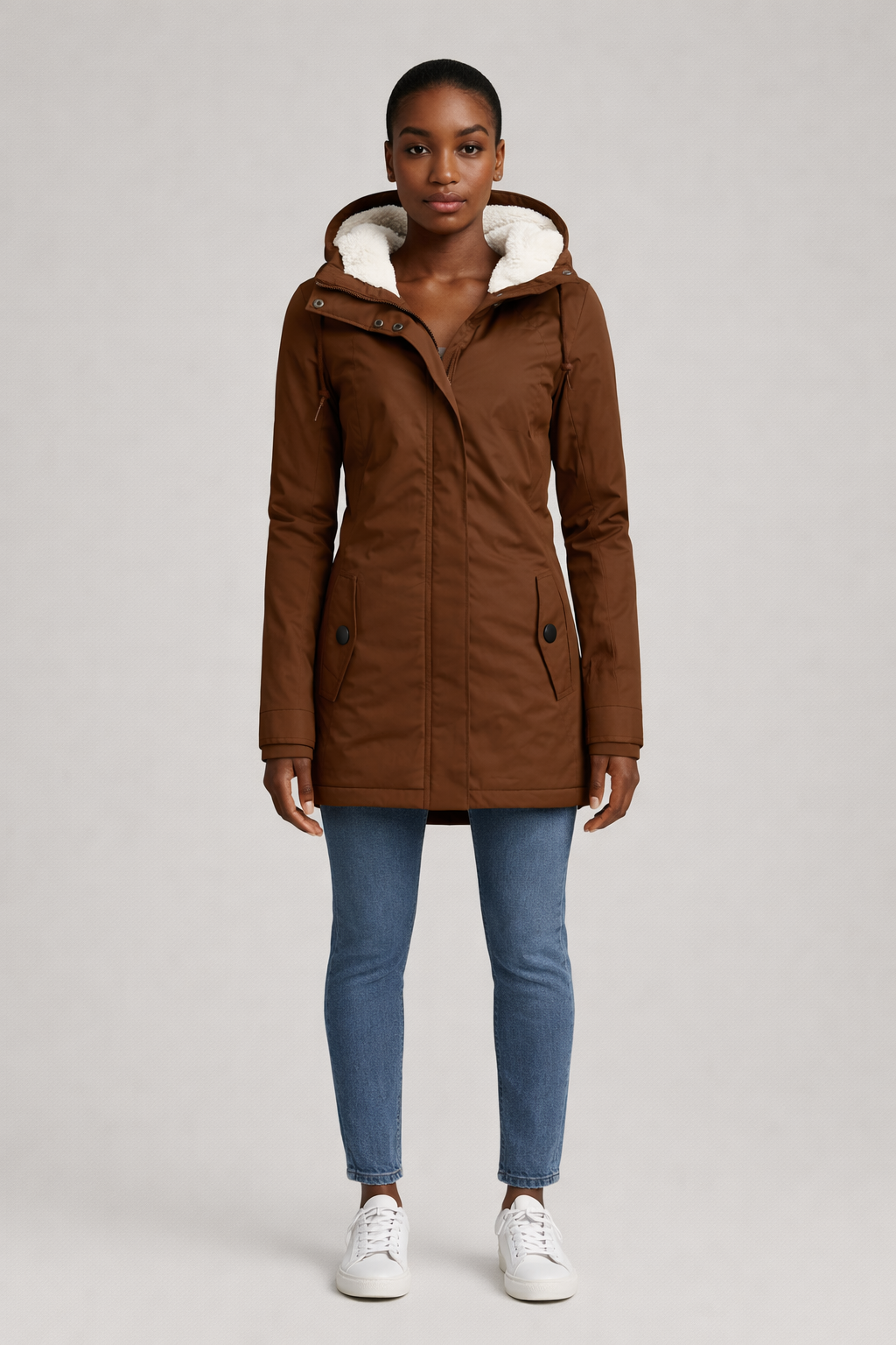 Lange Waterafstotende Winterjas met Capuchon — Fabiana – Camel – vooraanzicht