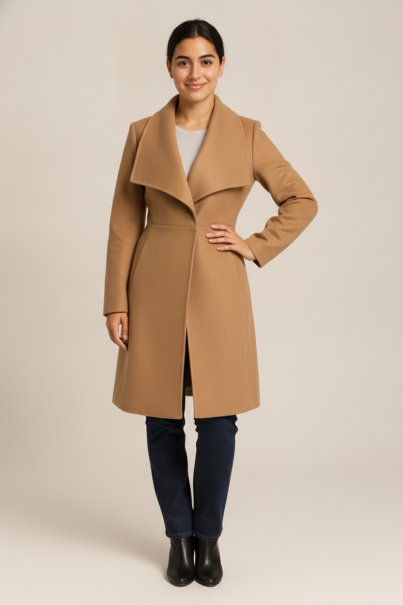 Lange Winterjas Dames met Grote Revers – Getailleerde Mantel — Marisel – Camel – vooraanzicht