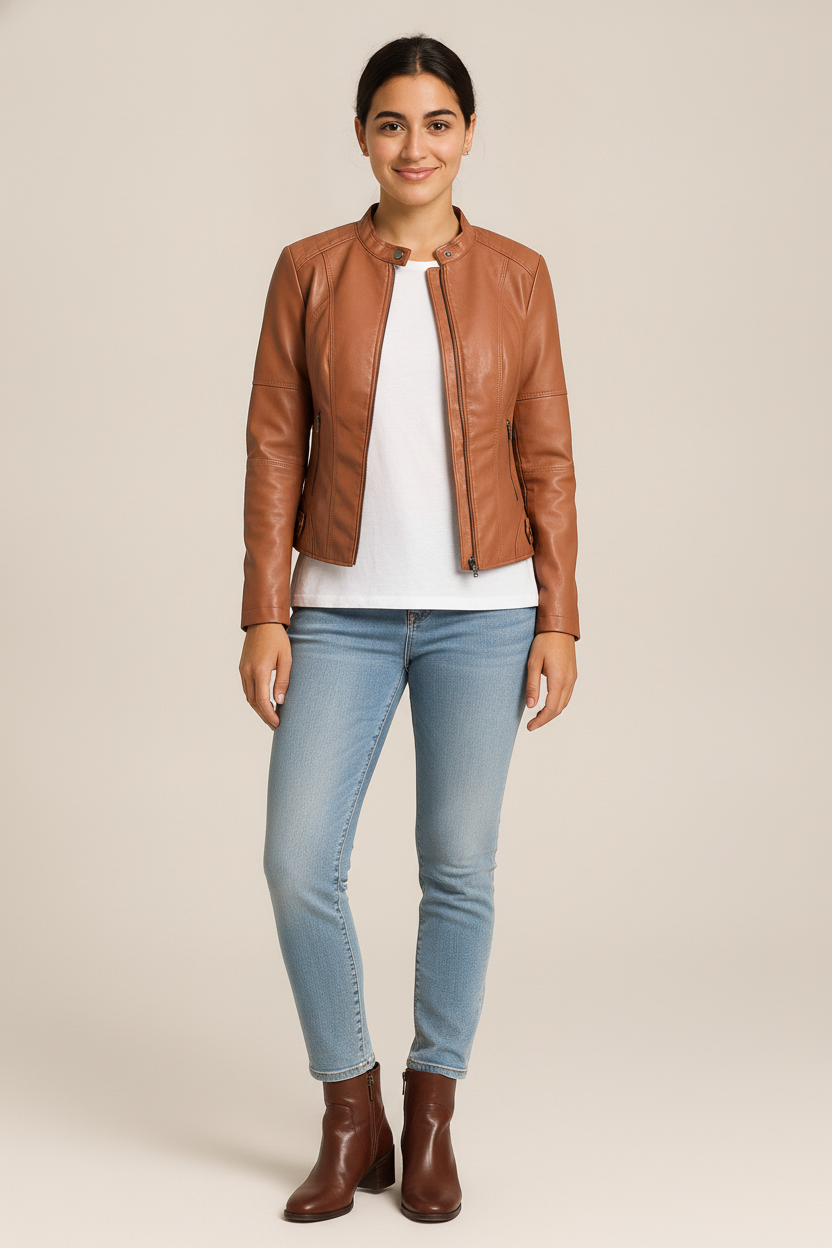 Leerlook Jas Dames met Opstaande Kraag – Kort Jasje — Sahira – Camel – vooraanzicht