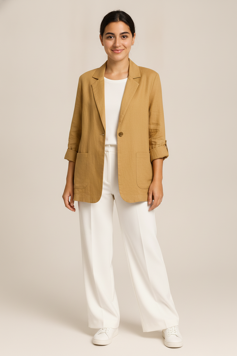 Lichte Blazer Dames met Opgerolde Mouwen – Casual Colbert — Ines – Camel – vooraanzicht