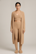 Pluche Loungeset Dames 3-Delig – Huispak met Lang Vest — Fleurine – Camel – vooraanzicht