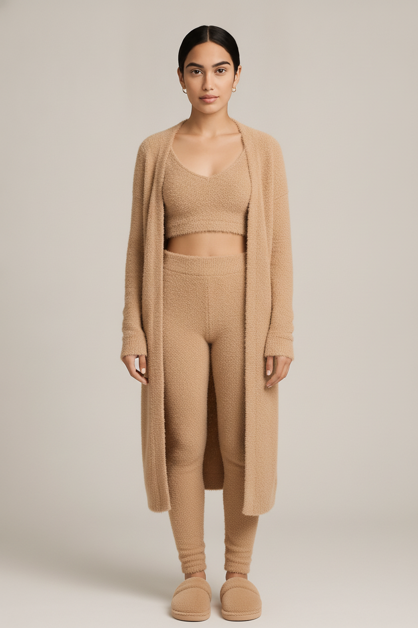 Pluche Loungeset Dames 3-Delig – Huispak met Lang Vest — Fleurine – Camel – vooraanzicht