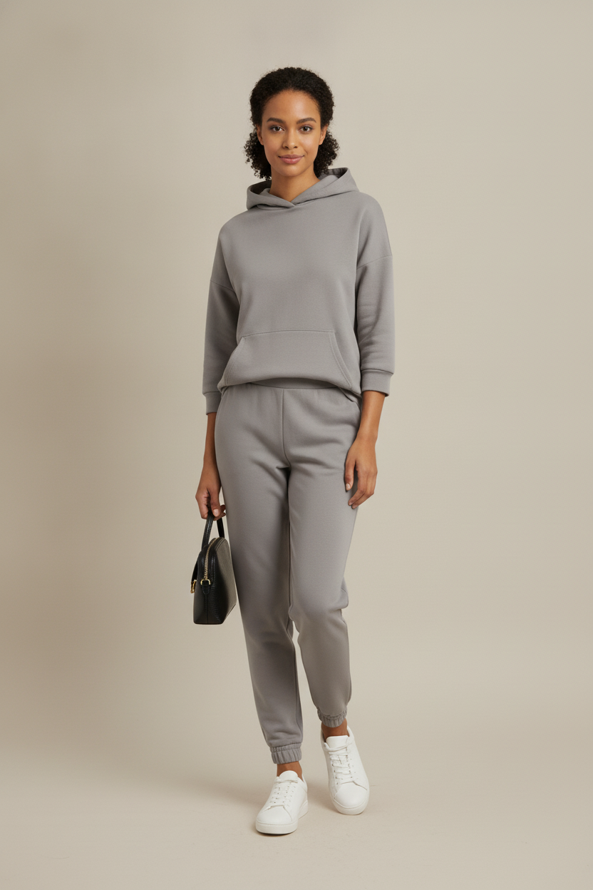 Trainingspak Dames met Hoodie – Joggingset met Hoge Taille — Saskia – Grijs – vooraanzicht