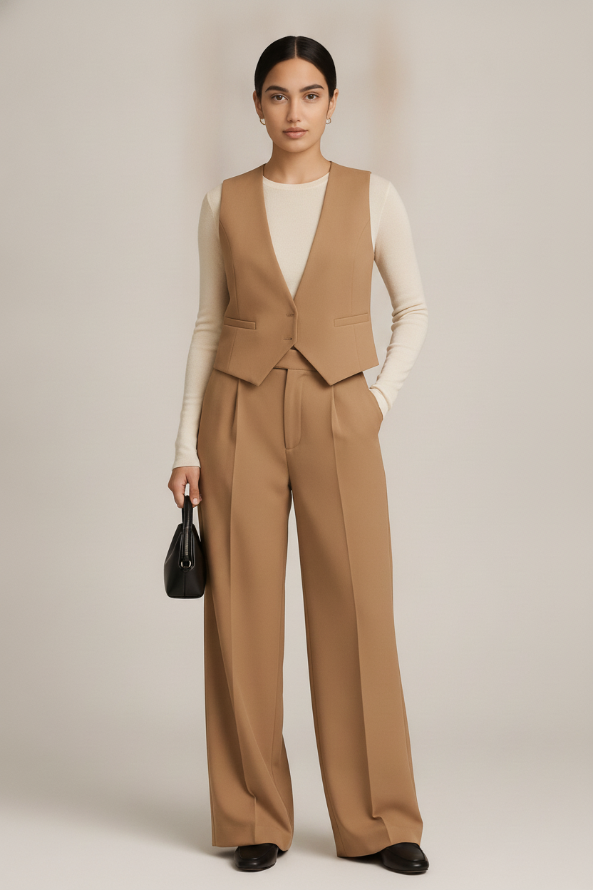 Gilet en Pantalon Set Dames — Naïla – Camel – vooraanzicht