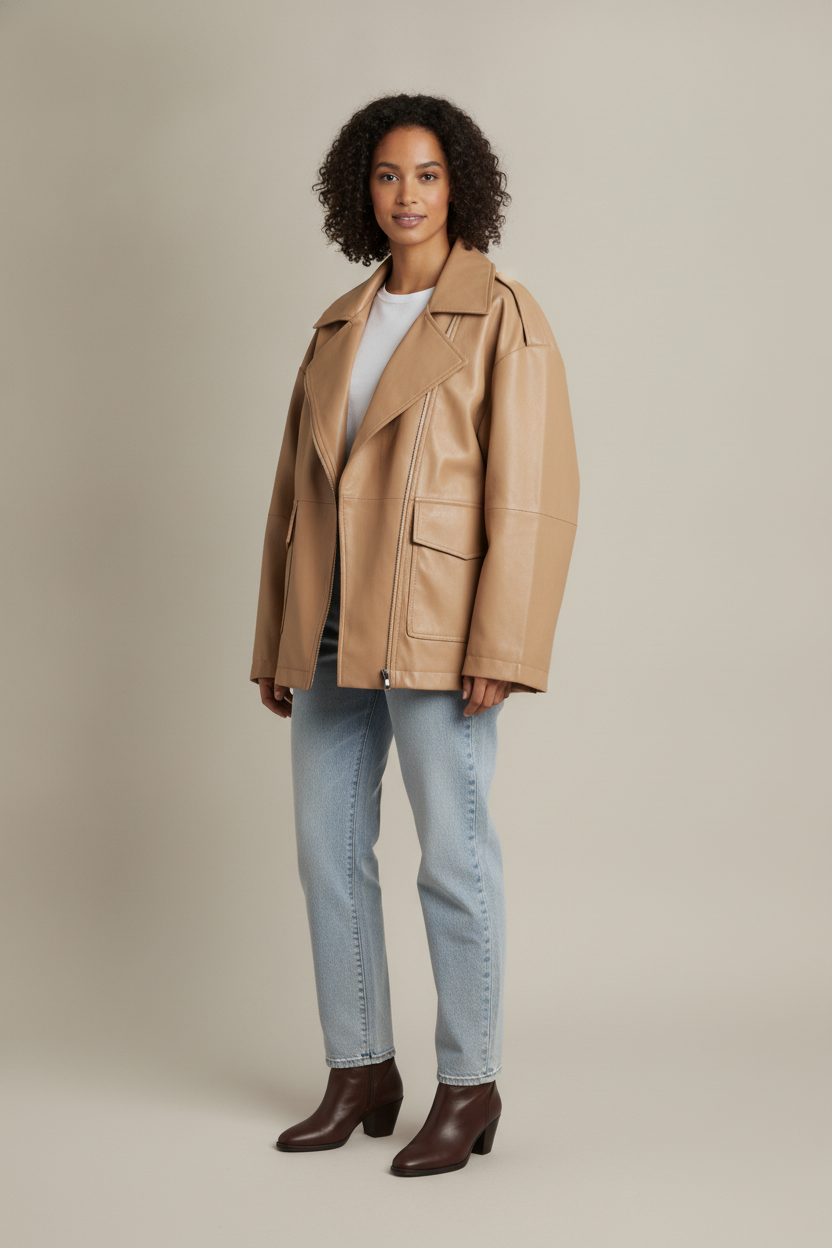 Korte Jas Dames in Leerlook – Oversized Jasje met Revers — Sabine – Camel – vooraanzicht