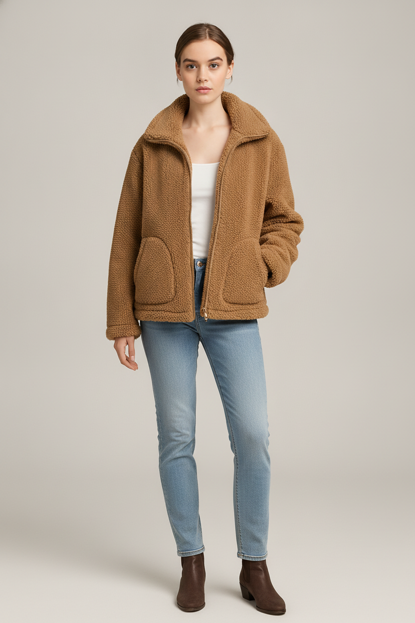 Teddy Jas Dames met Rits – Korte Pluizige Jas — Yolanda – Camel – vooraanzicht