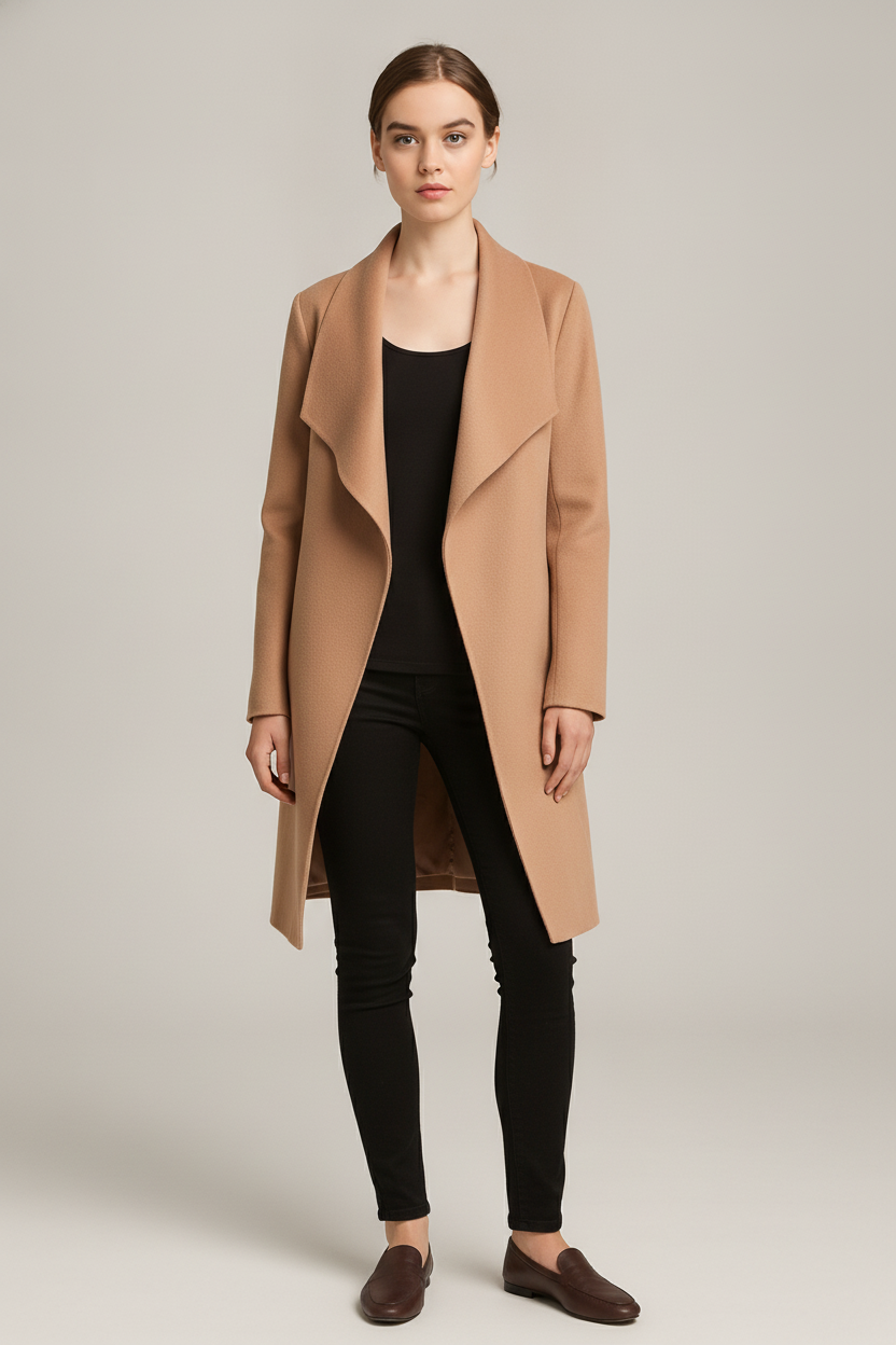 Lange Jas Dames met Watervalkraag – Open Mantel in Wollook — Nalani – Camel – vooraanzicht