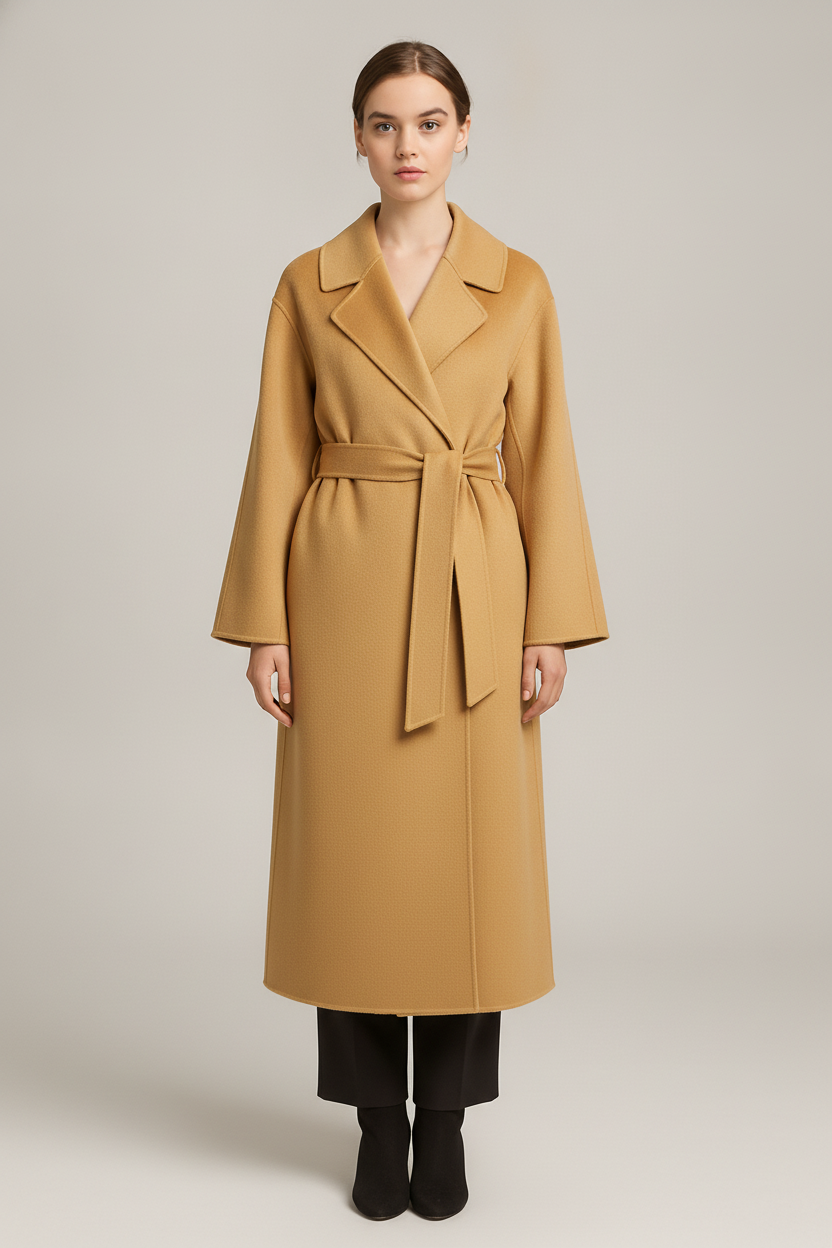 Lange Wikkeljas Dames met Ceintuur – Mantel in Wollook — Tiziana – Camel – vooraanzicht
