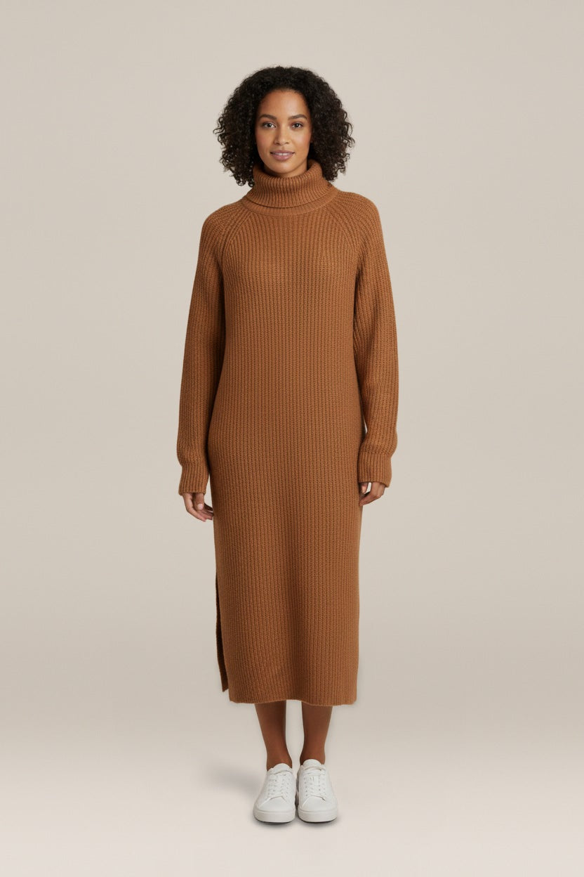 Lange Truijurk Dames met Col – Los Maxi Model — Thessa – Camel – vooraanzicht