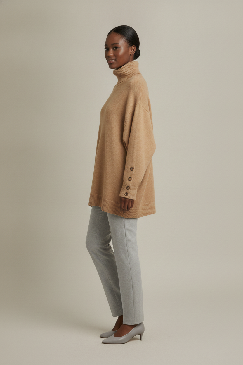 Coltrui Dames met Knoopjes op de Mouw – Oversized Col Trui — Tamsin – Camel – zijaanzicht