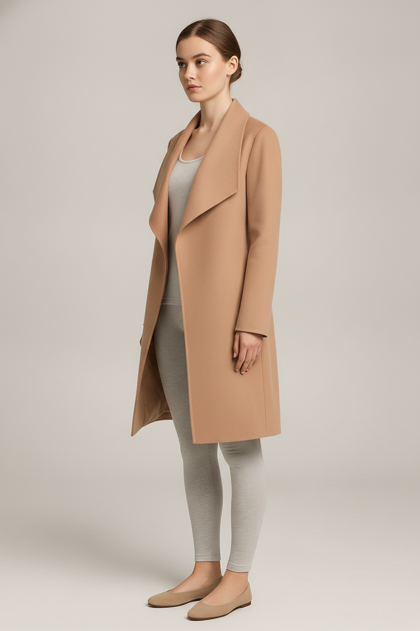 Lange Jas Dames met Watervalkraag – Open Mantel in Wollook — Nalani – Camel – zijaanzicht
