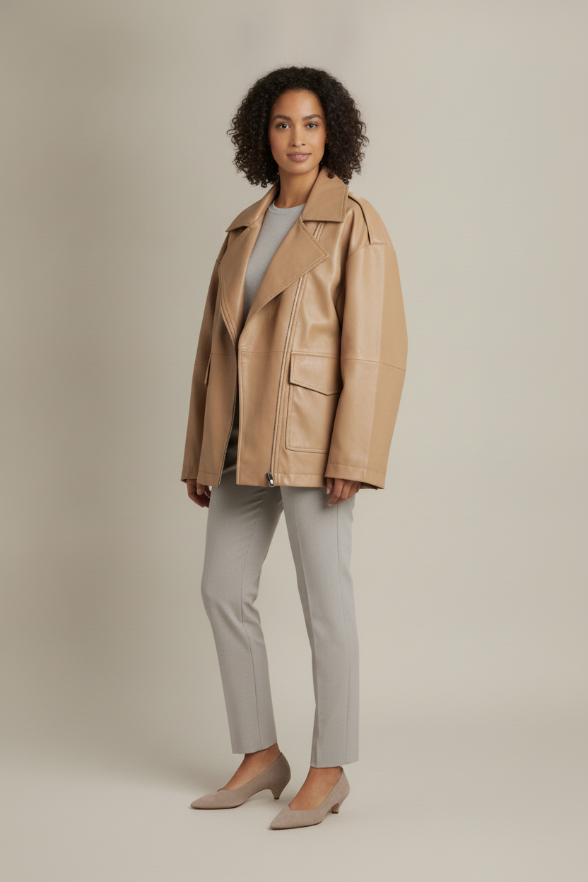 Korte Jas Dames in Leerlook – Oversized Jasje met Revers — Sabine – Camel – zijaanzicht