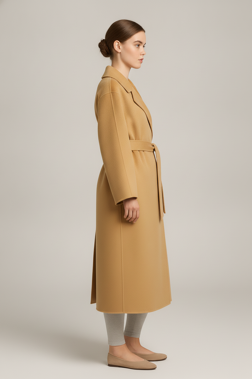 Lange Wikkeljas Dames met Ceintuur – Mantel in Wollook — Tiziana – Camel – zijaanzicht