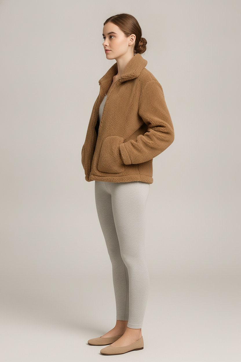 Teddy Jas Dames met Rits – Korte Pluizige Jas — Yolanda – Camel – zijaanzicht