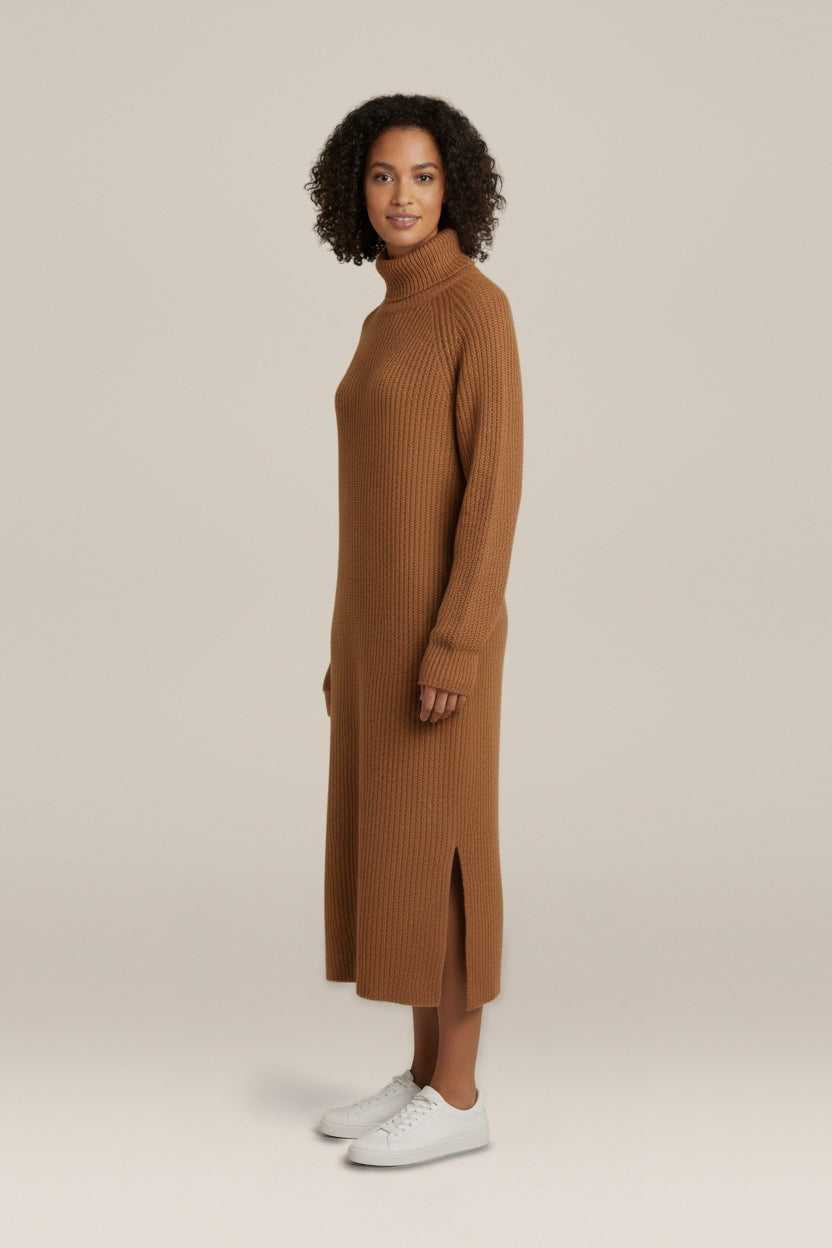 Lange Truijurk Dames met Col – Los Maxi Model — Thessa – Camel – zijaanzicht