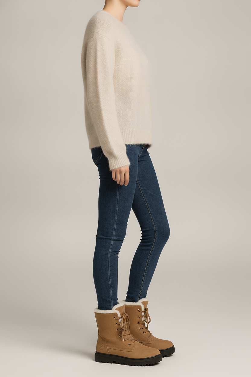 Snowboots Dames met Veters – Gevoerde Enkellaarsjes — Runa – Camel – zijaanzicht