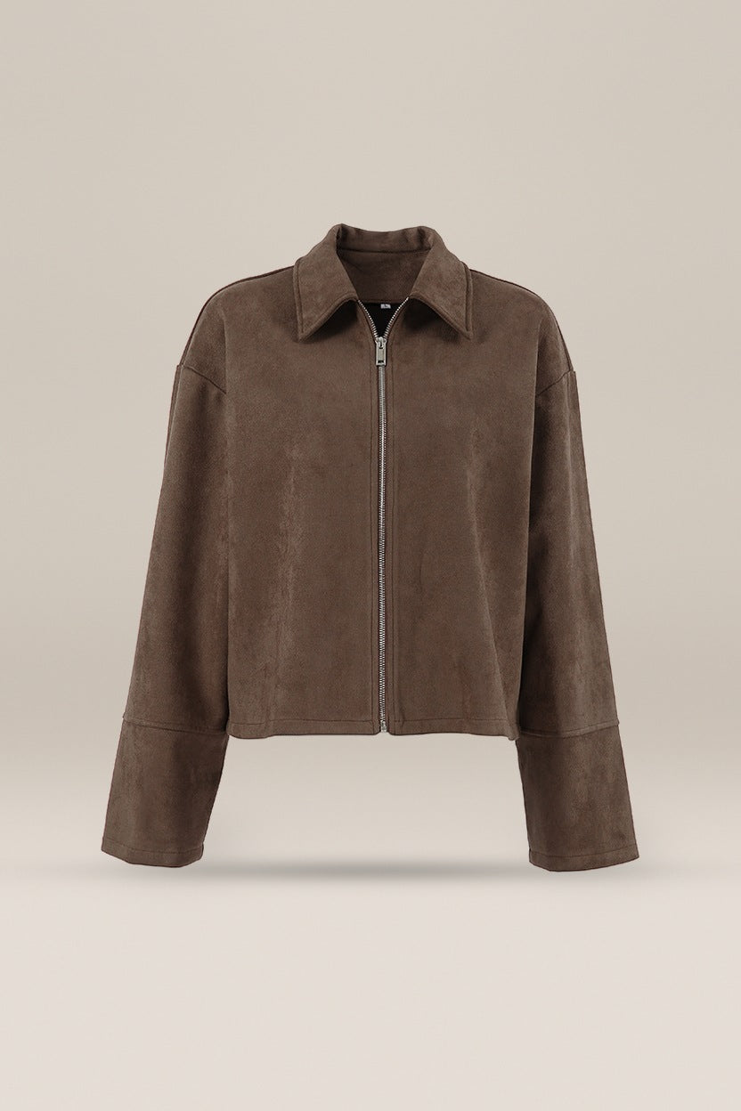 Oversized Jas Dames in Suèdelook – Korte Jas met Kraag en Rits — Carys in Bruin – productfoto