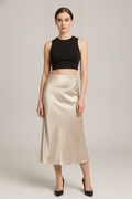 Satijnen Rok Dames Midi – Glanzende Rok met Hoge Taille — Maelle – Champagne – vooraanzicht