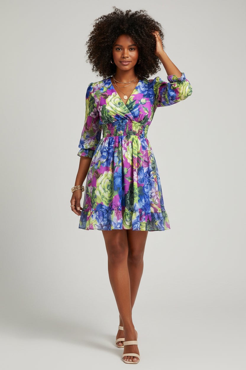 Chiffon Bloemenprint Jurk Dames Lange Mouw Zomer | Violette