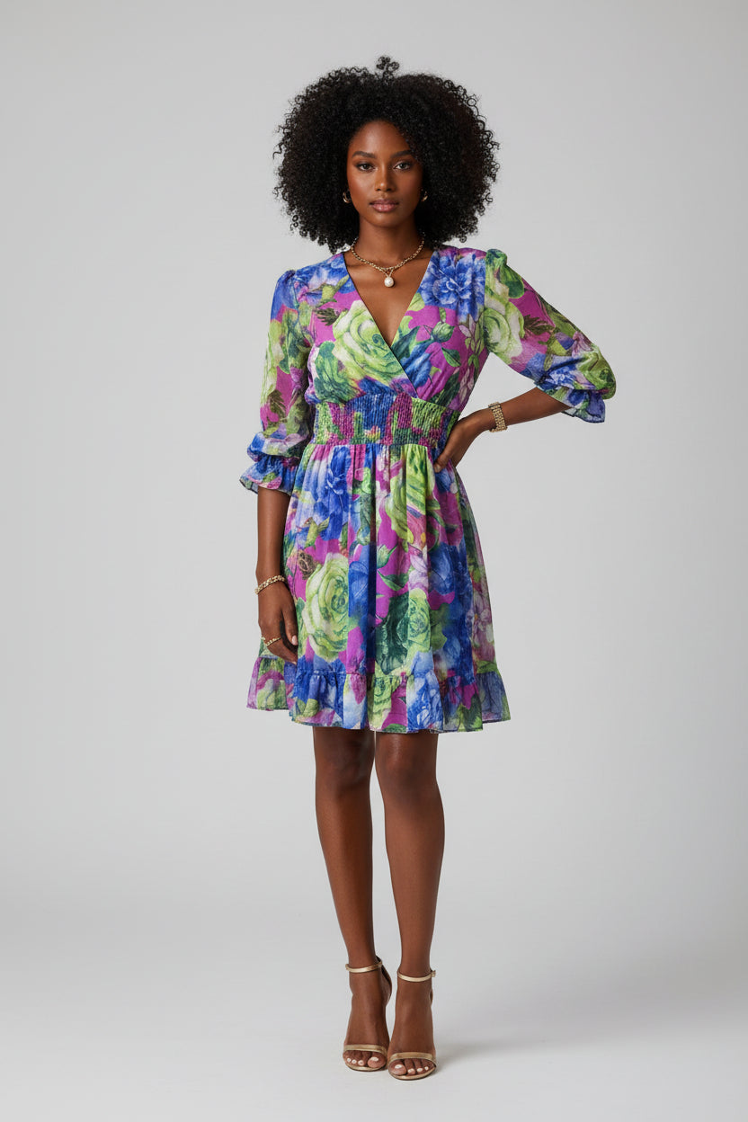 Chiffon Bloemenprint Jurk Dames Lange Mouw Zomer | Violette