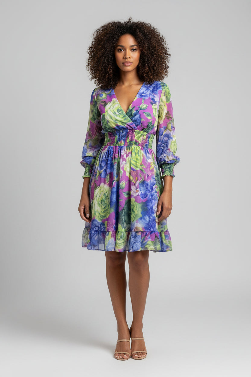 Chiffon Bloemenprint Jurk Dames Lange Mouw Zomer | Violette