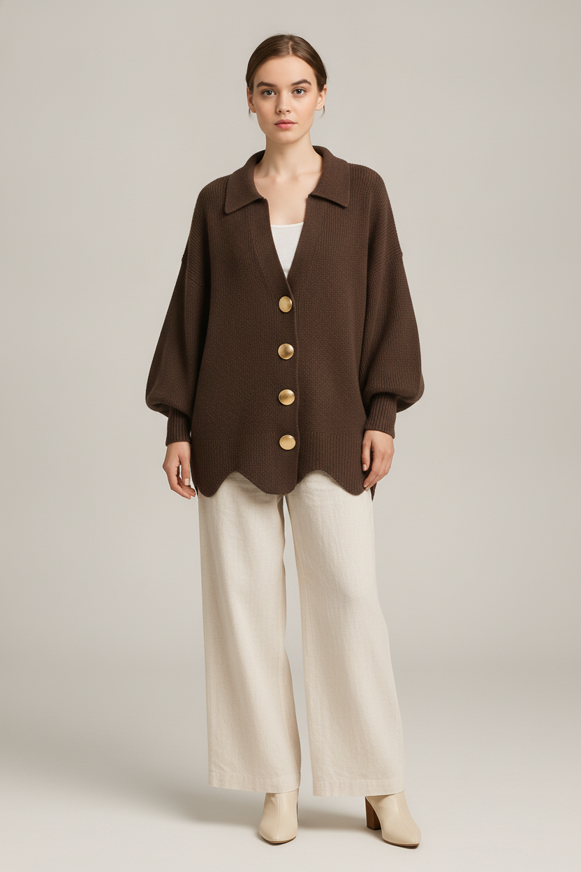 Oversized Gebreid Vest Dames – Cardigan met Grote Knopen — Norah – Chocoladebruin – vooraanzicht