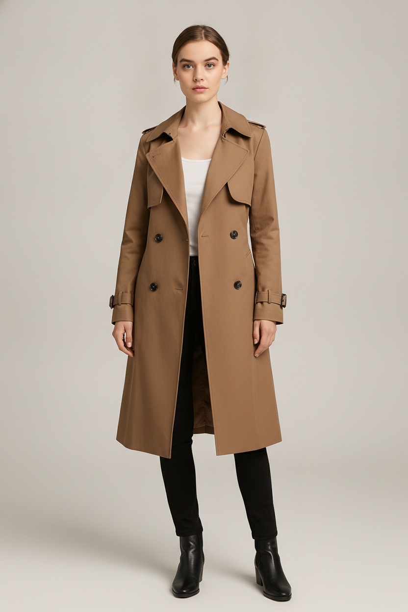 Trenchcoat Dames Halflang – Double Breasted Jas met Ceintuur — Elize – Mokka – vooraanzicht