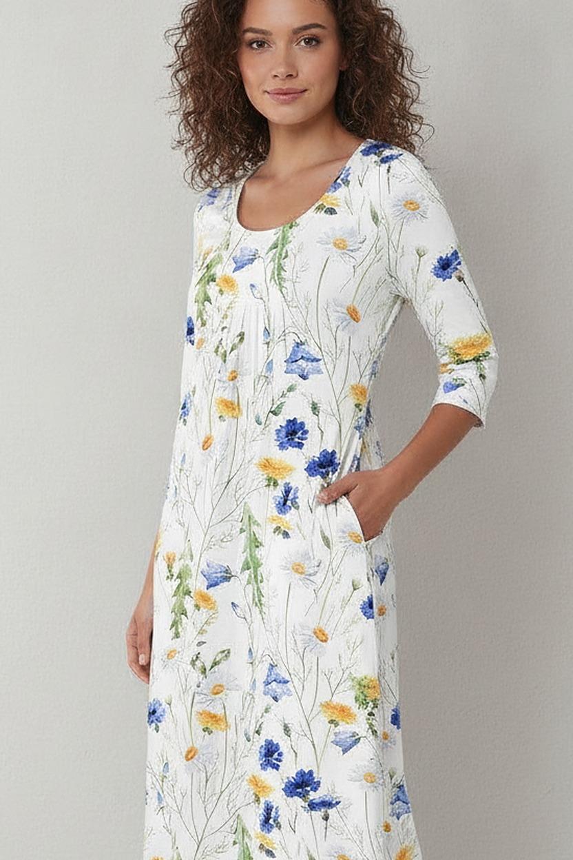 Zomerjurk met Bloemenprint en Driekwart Mouwen | Wit/Geel detail | Ninon