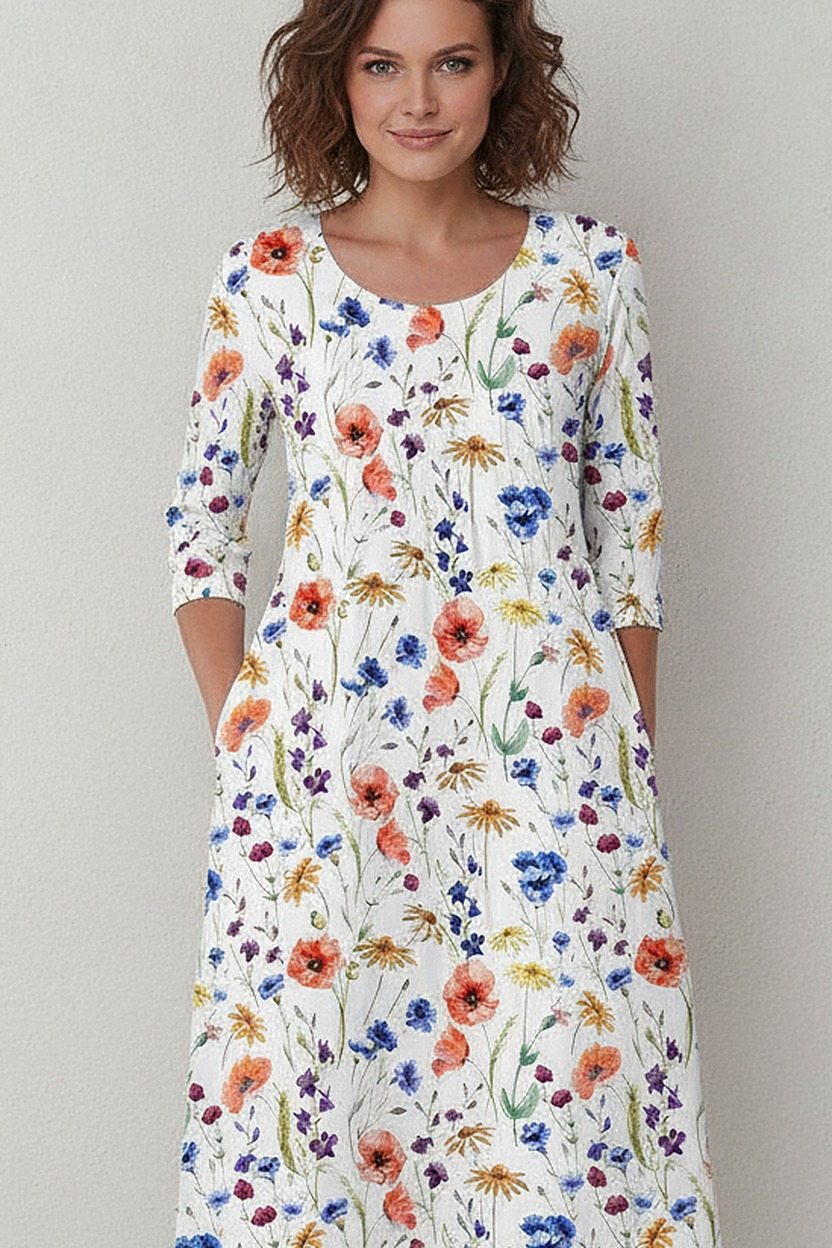 Zomerjurk met Bloemenprint en Driekwart Mouwen | Wit/Rood detail | Ninon