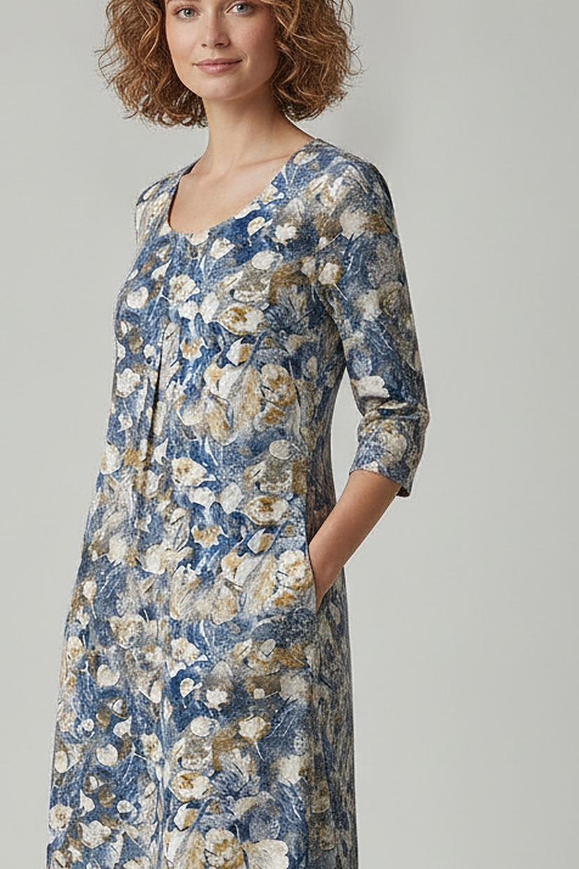 Zomerjurk met Bloemenprint en Driekwart Mouwen | Blauw detail | Ninon