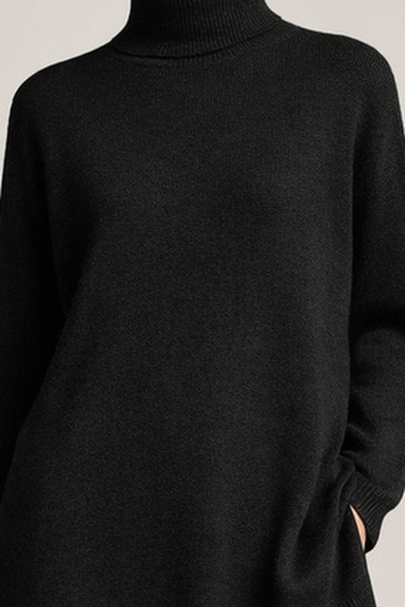 Gebreide set Helia – coltrui en wijde broek – Zwart – close-up