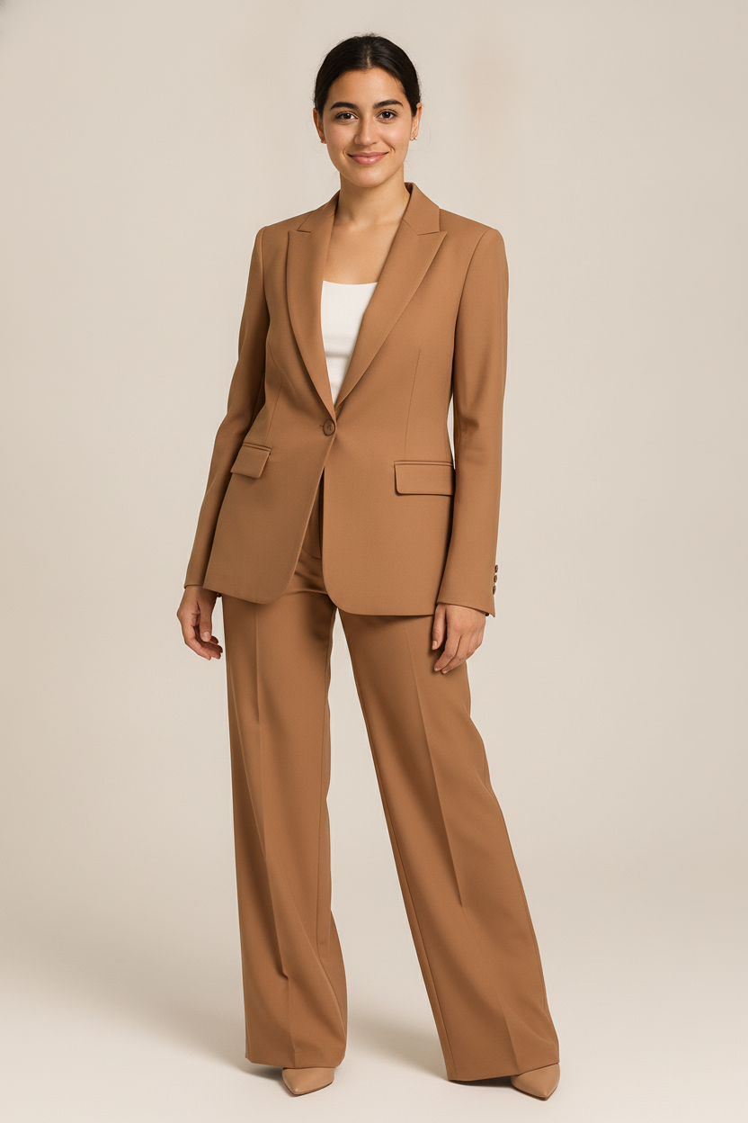 Tweedelig Pak met Getailleerde Blazer en Wijde Pantalon — Agathe – Cognac – vooraanzicht