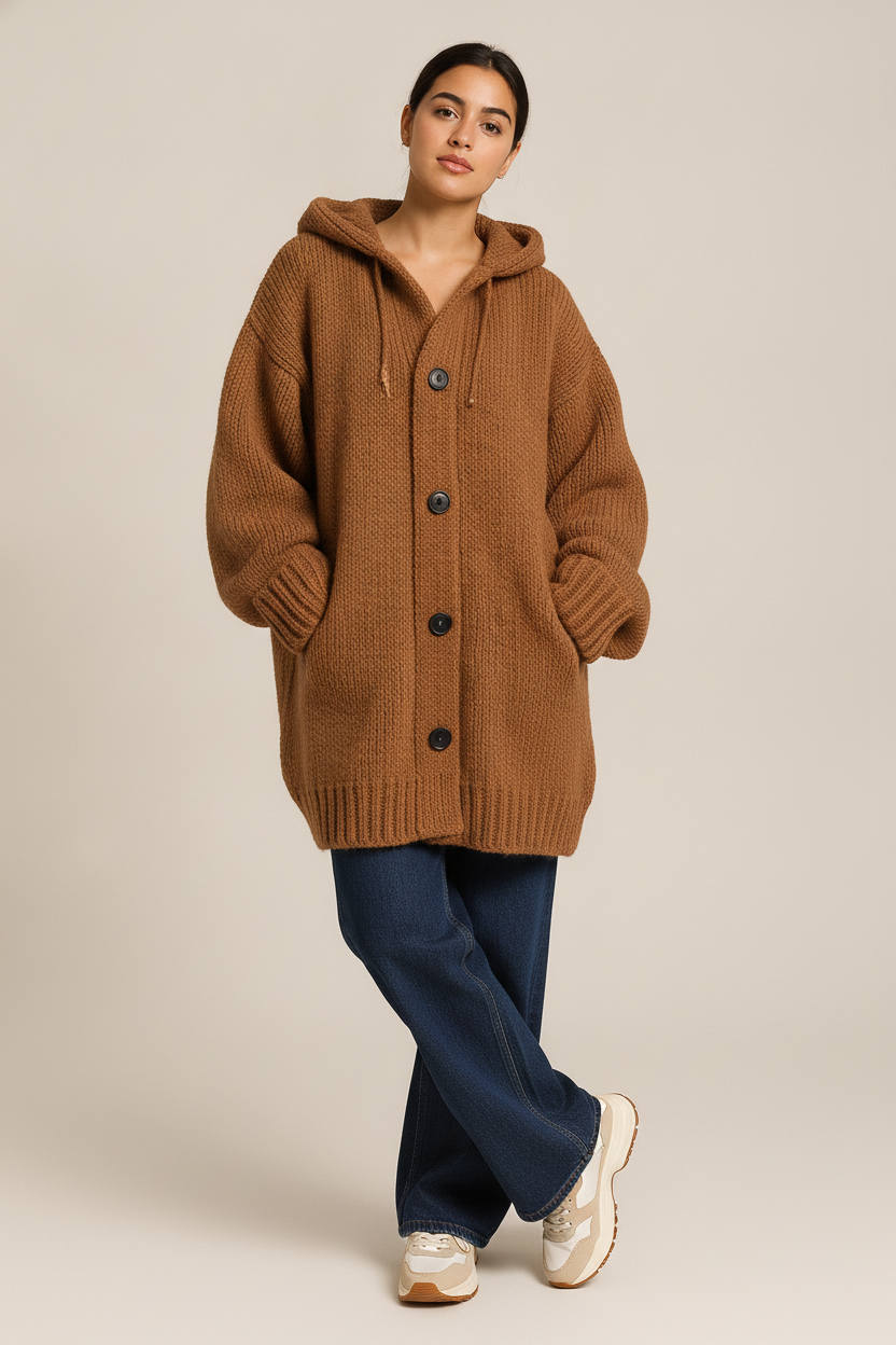 Gebreid Vest Dames met Capuchon – Oversized Cardigan — Isolde – Cognac – vooraanzicht
