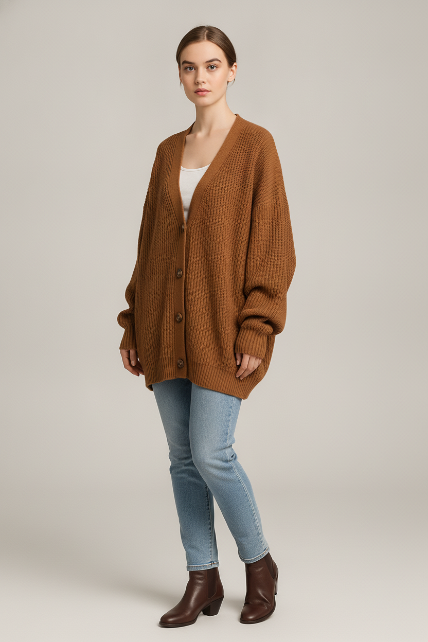Gebreid Vest Dames met V-hals – Oversized Cardigan — Mireille – Cognac – vooraanzicht