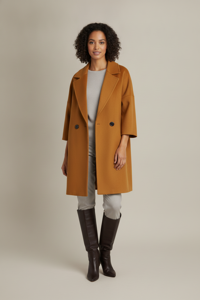 Halflange Jas Dames Double Breasted – Mantel in Wollook — Xenia – Cognac – vooraanzicht