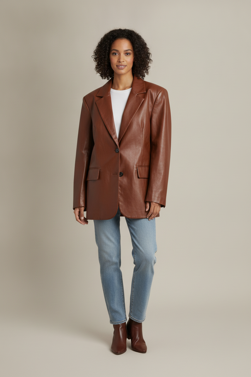 Blazer Dames in Leerlook – Oversized Colbert met Knopen — Benedetta – Cognac – vooraanzicht
