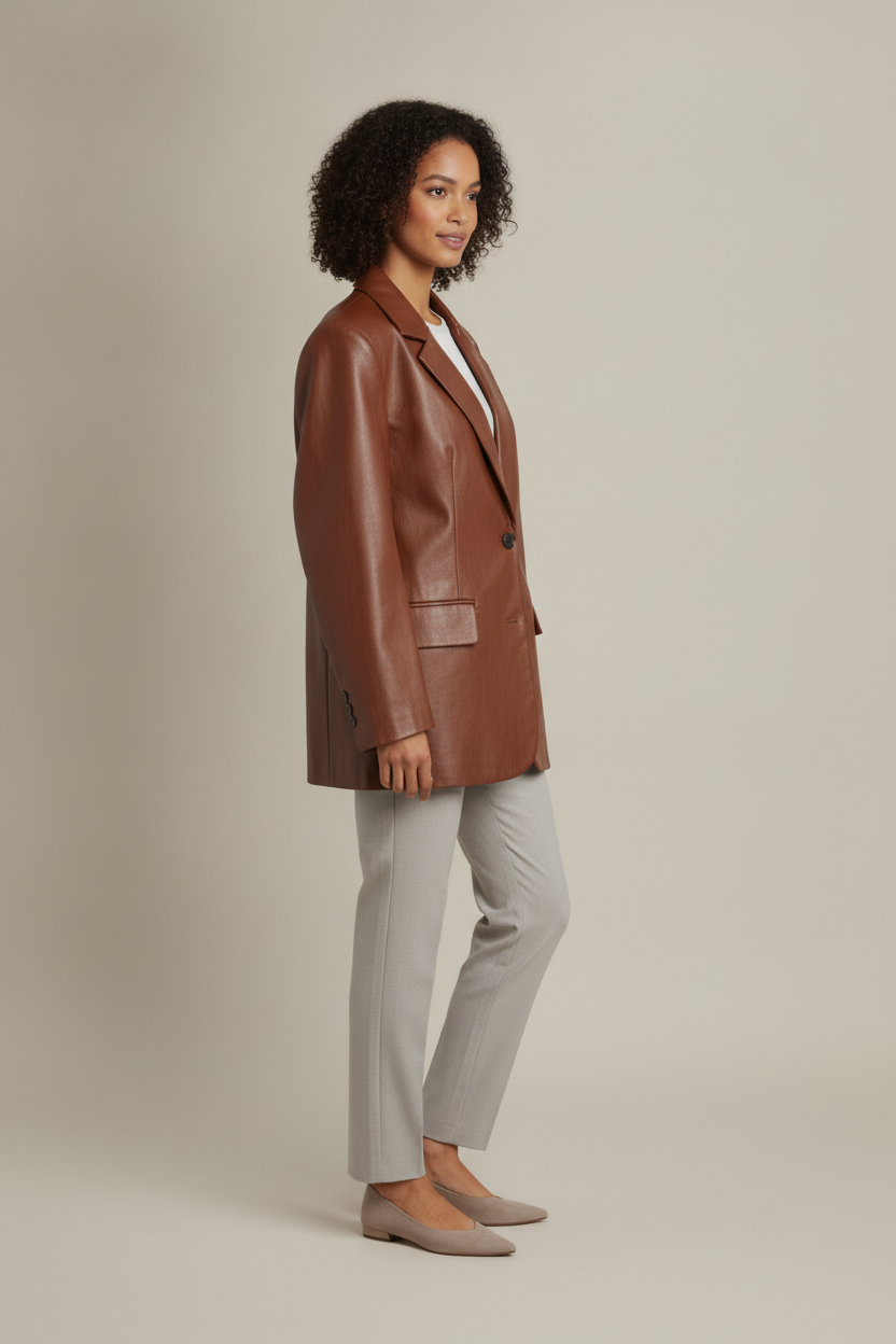 Blazer Dames in Leerlook – Oversized Colbert met Knopen — Benedetta – Cognac – zijaanzicht
